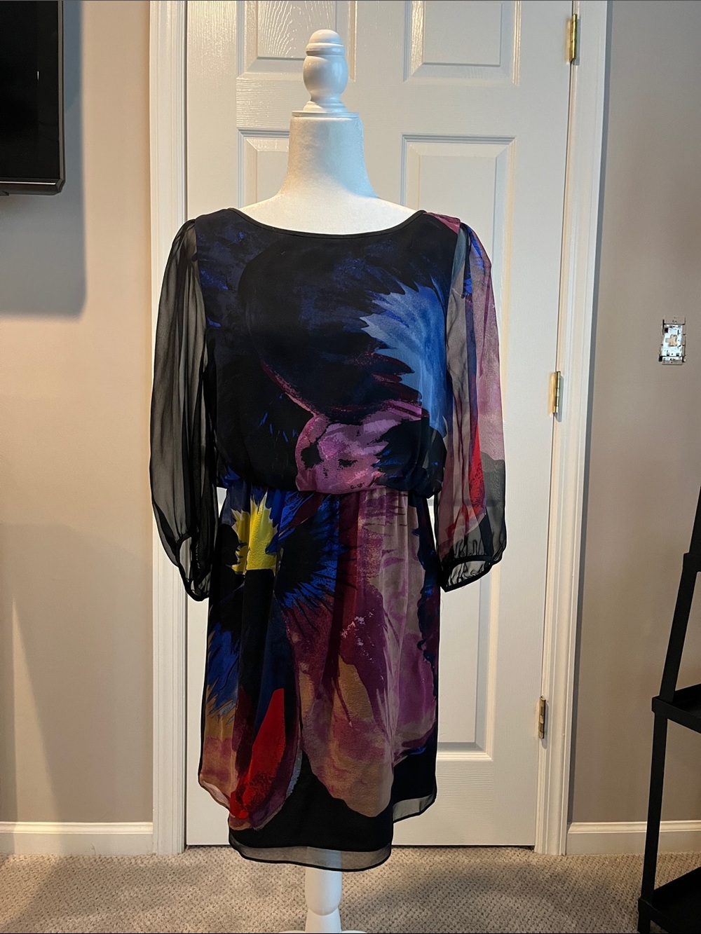 Tibi Black Sheer Floral-Print Silk Dress with Puff Sleeves